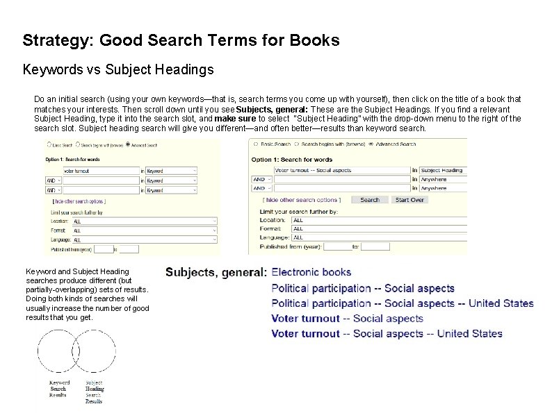 Strategy: Good Search Terms for Books Keywords vs Subject Headings Do an initial search