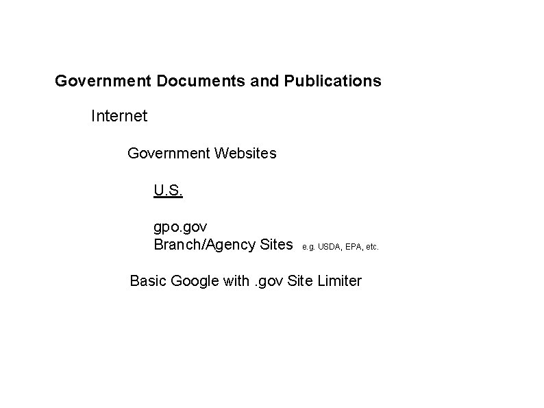 Government Documents and Publications Internet Government Websites U. S. gpo. gov Branch/Agency Sites e.