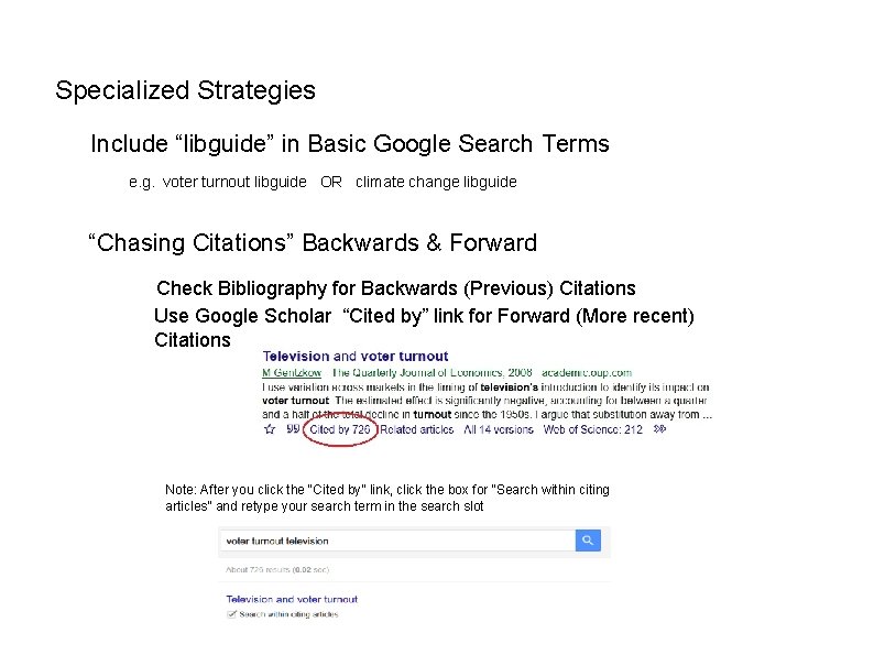 Specialized Strategies Include “libguide” in Basic Google Search Terms e. g. voter turnout libguide