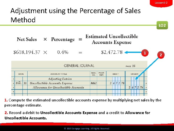 Lesson 6 -2 Adjustment using the Percentage of Sales Method LO 2 1. Compute