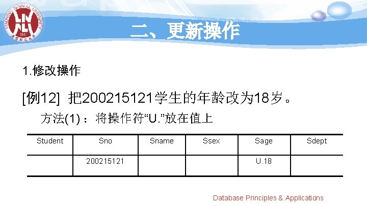 二、更新操作 1. 修改操作 [例12] 把200215121学生的年龄改为 18岁。 方法(1) ：将操作符“U. ”放在值上 Student Sno 200215121 Sname Ssex