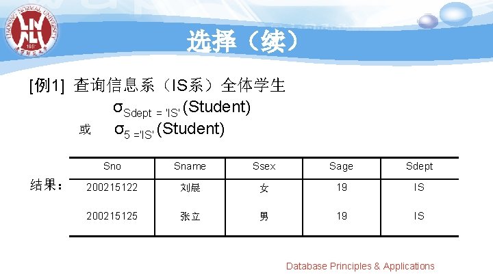 选择（续） [例1] 查询信息系（IS系）全体学生 σSdept = 'IS' (Student) 或 σ5 ='IS' (Student) 结果： Sno Sname