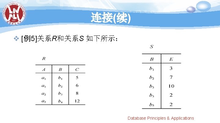 连接(续) v [例5]关系R和关系S 如下所示： Database Principles & Applications 