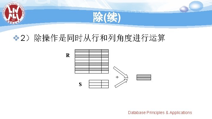 除(续) v 2）除操作是同时从行和列角度进行运算 R ÷ S Database Principles & Applications 