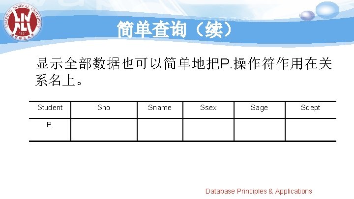 简单查询（续） 显示全部数据也可以简单地把P. 操作符作用在关 系名上。 Student Sno Sname Ssex Sage Sdept P. Database Principles &