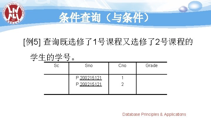 条件查询（与条件） [例5] 查询既选修了1号课程又选修了2号课程的 学生的学号。 Sc Sno Cno P. 200215121 1 2 Grade Database Principles