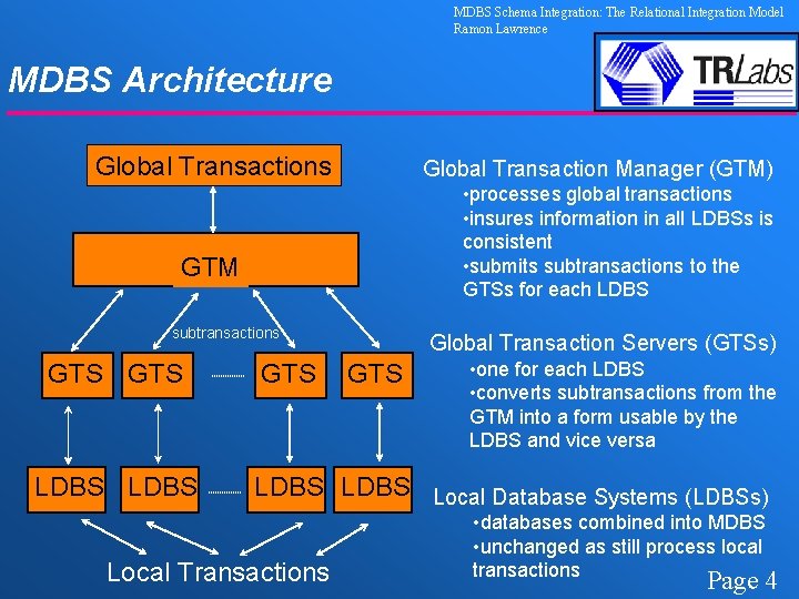 MDBS Schema Integration: The Relational Integration Model Ramon Lawrence MDBS Architecture Global Transactions Global