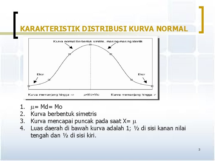 KARAKTERISTIK DISTRIBUSI KURVA NORMAL 1. 2. 3. 4. = Md= Mo Kurva berbentuk simetris