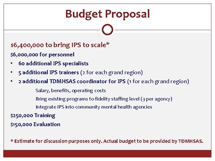 Budget Proposal $6, 400, 000 to bring IPS to scale* $6, 000 for personnel