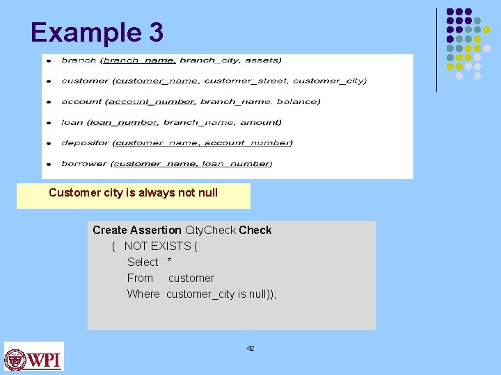 Example 3 Customer city is always not null Create Assertion City. Check ( NOT