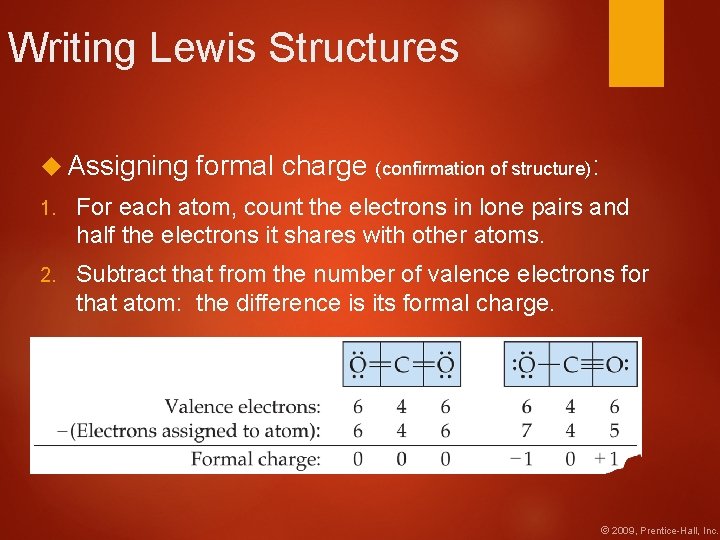 Writing Lewis Structures Assigning formal charge (confirmation of structure): 1. For each atom, count