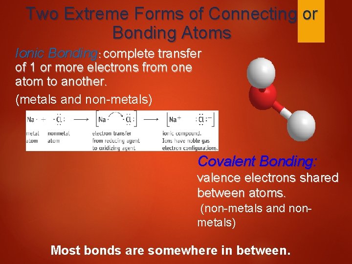 Two Extreme Forms of Connecting or Bonding Atoms Ionic Bonding: complete transfer of 1