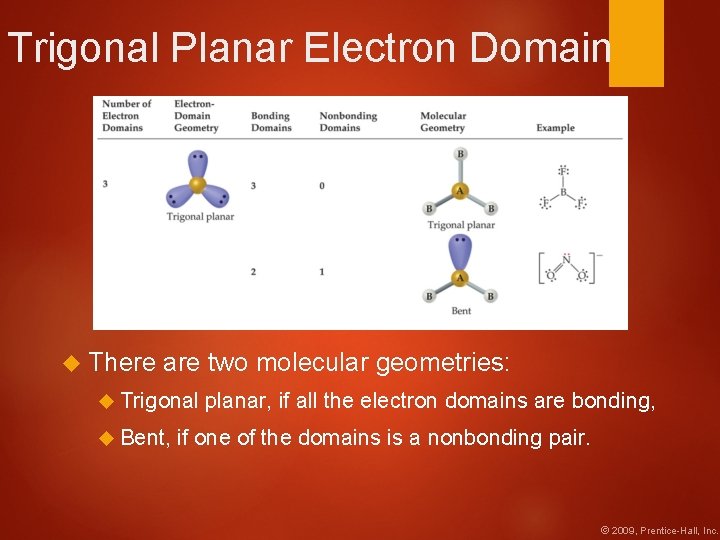 Trigonal Planar Electron Domain There are two molecular geometries: Trigonal Bent, planar, if all