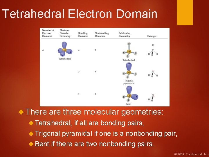 Tetrahedral Electron Domain There are three molecular geometries: Tetrahedral, if all are bonding pairs,