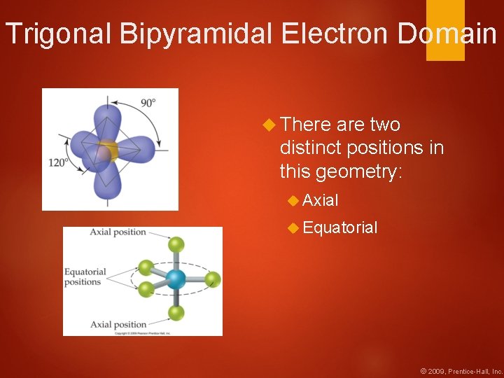 Trigonal Bipyramidal Electron Domain There are two distinct positions in this geometry: Axial Equatorial