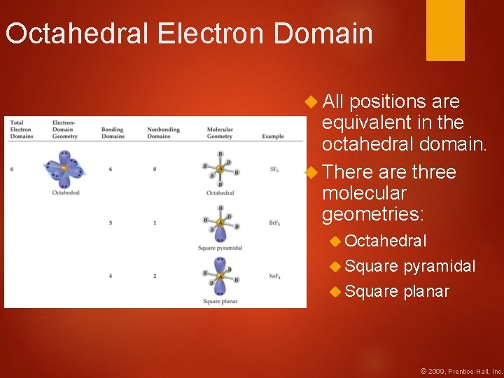 Octahedral Electron Domain All positions are equivalent in the octahedral domain. There are three