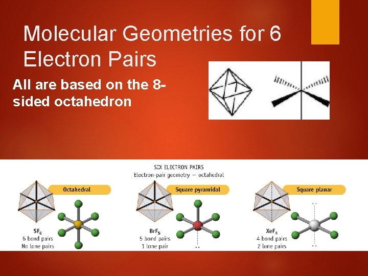 Molecular Geometries for 6 Electron Pairs All are based on the 8 sided octahedron