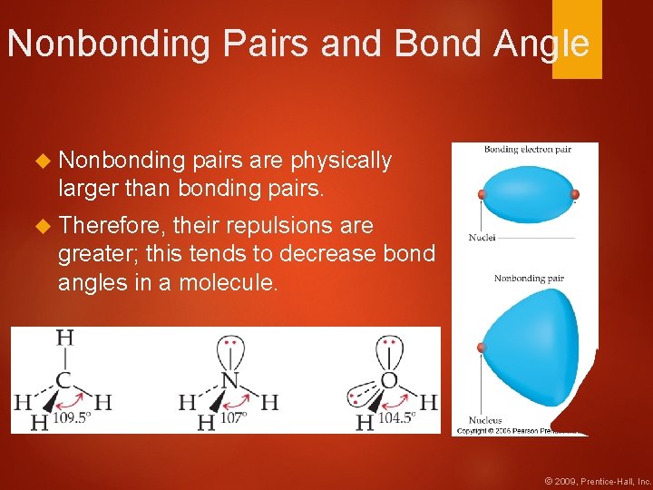 Nonbonding Pairs and Bond Angle Nonbonding pairs are physically larger than bonding pairs. Therefore,