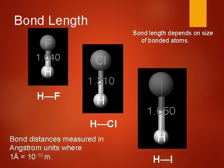 Bond Length Bond length depends on size of bonded atoms. H—F H—Cl Bond distances