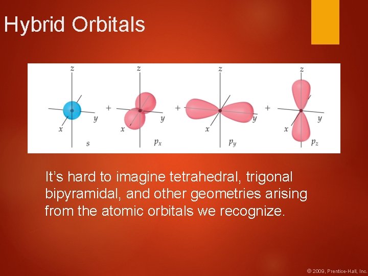 Hybrid Orbitals It’s hard to imagine tetrahedral, trigonal bipyramidal, and other geometries arising from