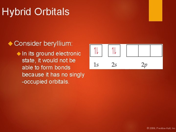 Hybrid Orbitals Consider beryllium: In its ground electronic state, it would not be able