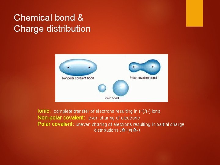 Chemical bond & Charge distribution Ionic: complete transfer of electrons resulting in (+)/(-) ions.