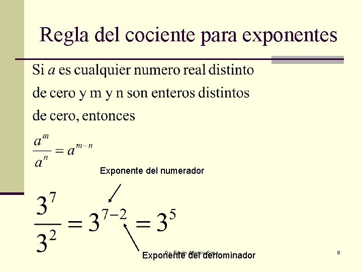 Regla del cociente para exponentes Exponente del numerador Dr. Edwin Alfonso-Sosa Exponente del denominador