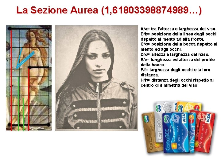 La Sezione Aurea (1, 61803398874989…) A/a= tra l'altezza e larghezza del viso. B/b= posizione