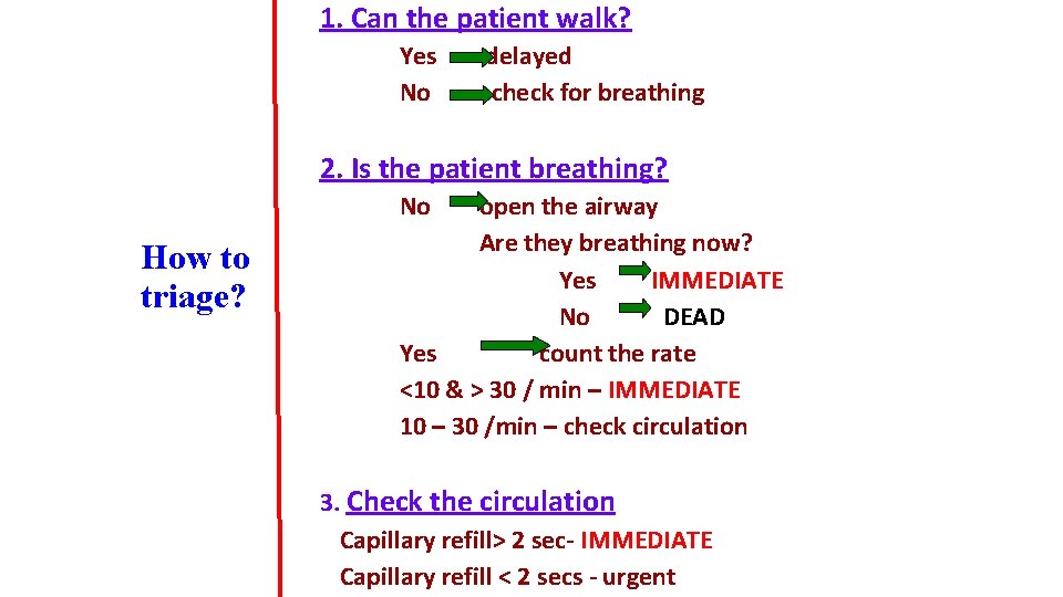 1. Can the patient walk? Yes No delayed check for breathing 2. Is the