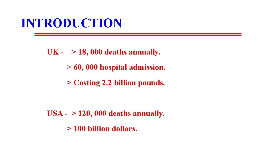 INTRODUCTION UK - > 18, 000 deaths annually. > 60, 000 hospital admission. >