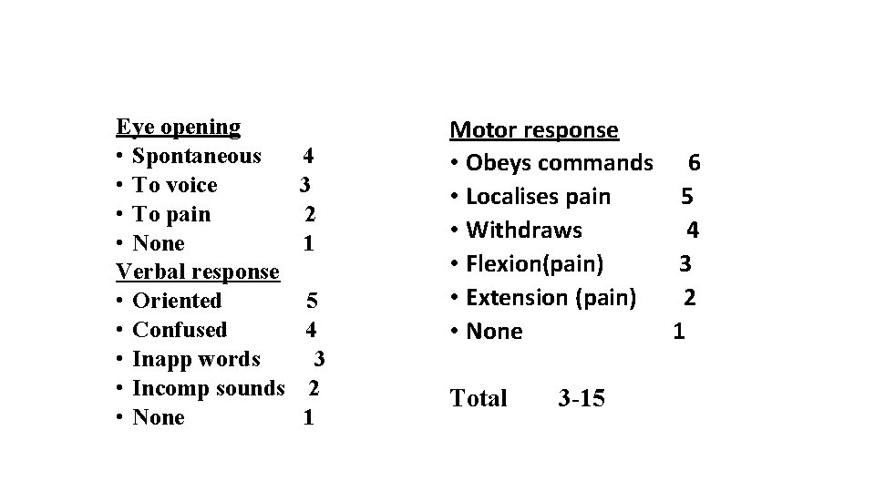 GLASGOW COMA SCALE Eye opening • Spontaneous • To voice • To pain •