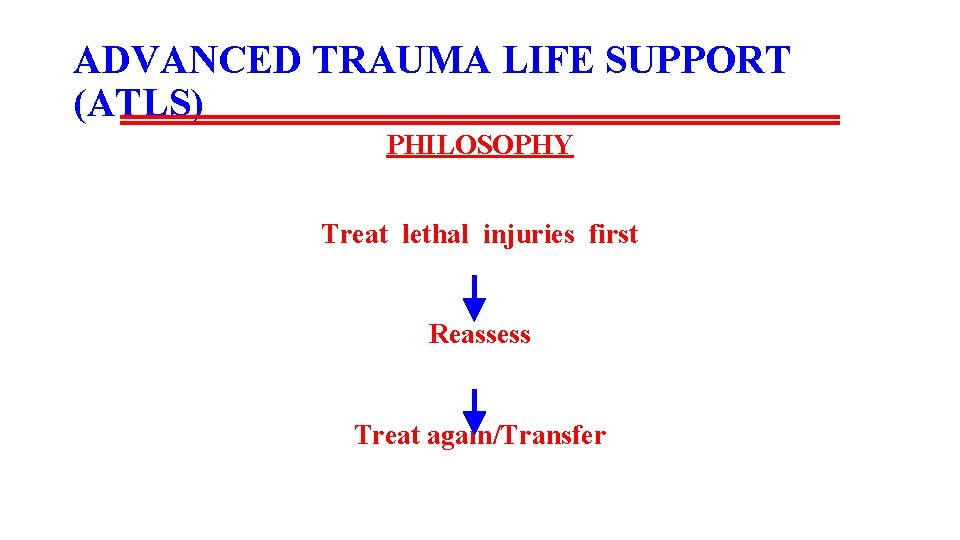 ADVANCED TRAUMA LIFE SUPPORT (ATLS) PHILOSOPHY Treat lethal injuries first Reassess Treat again/Transfer 