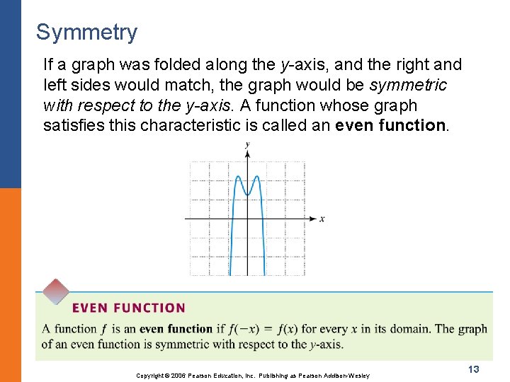 Symmetry If a graph was folded along the y-axis, and the right and left