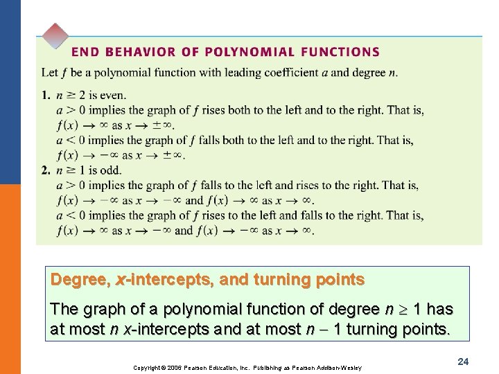 Degree, x-intercepts, and turning points The graph of a polynomial function of degree n