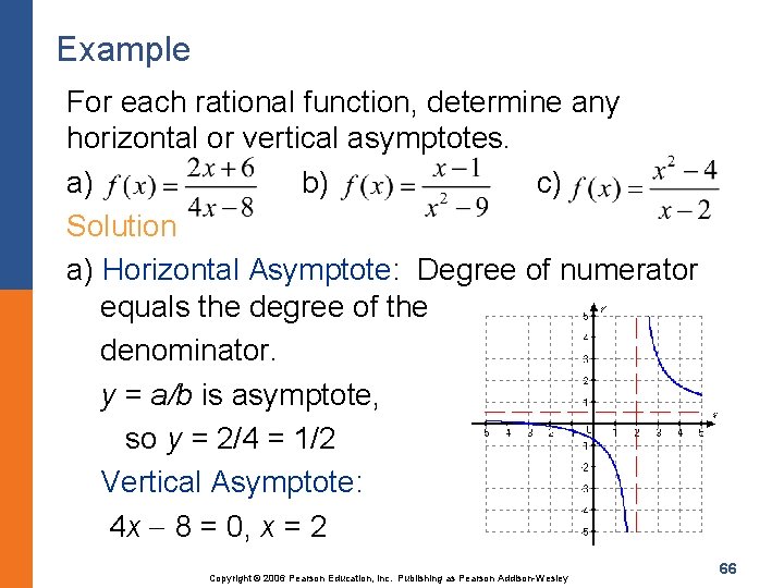 Example For each rational function, determine any horizontal or vertical asymptotes. a) b) c)