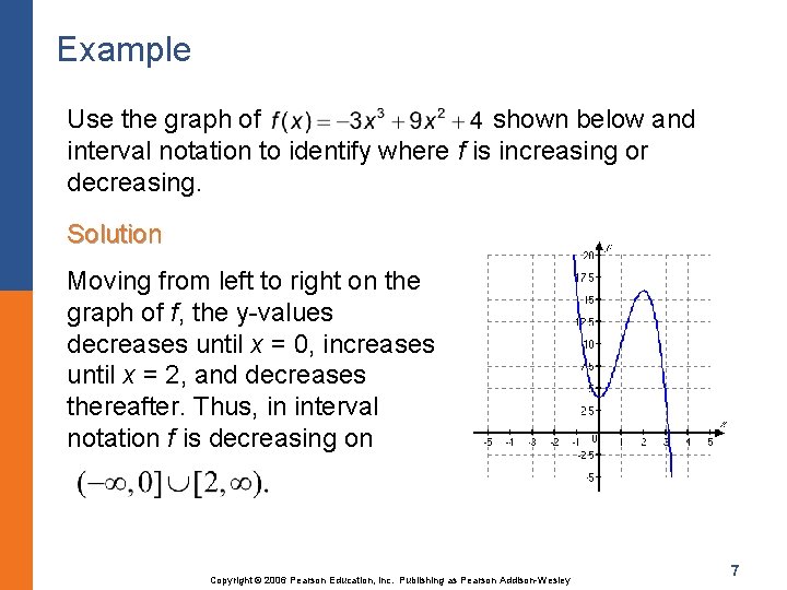 Example Use the graph of shown below and interval notation to identify where f