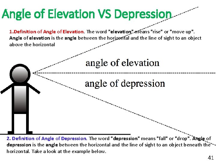 Angle of Elevation VS Depression 1. Definition of Angle of Elevation. The word "elevation"