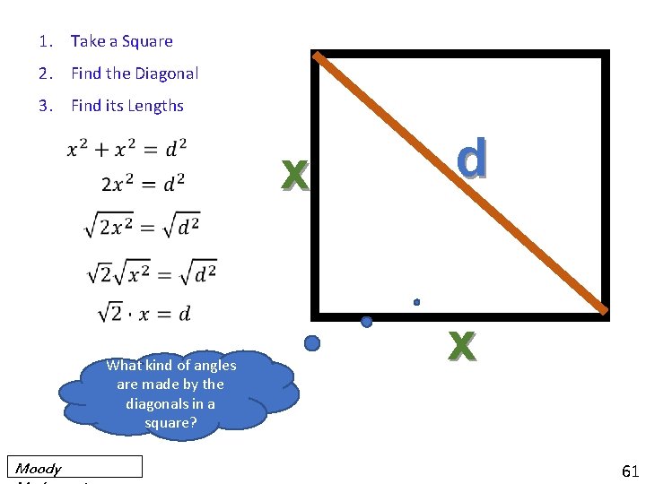 1. Take a Square 2. Find the Diagonal 3. Find its Lengths x What
