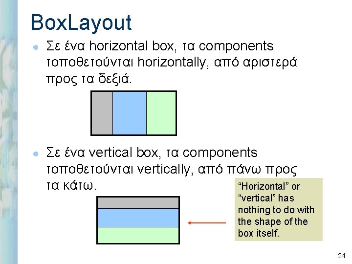 Box. Layout l l Σε ένα horizontal box, τα components τοποθετούνται horizontally, από αριστερά