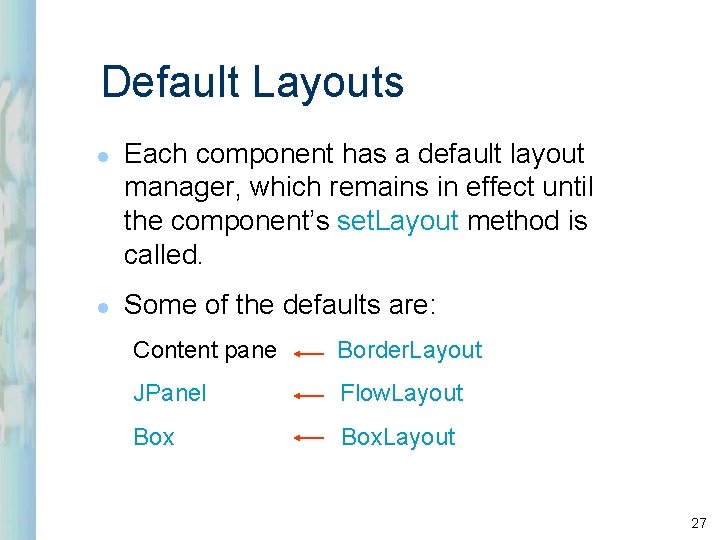 Default Layouts l l Each component has a default layout manager, which remains in