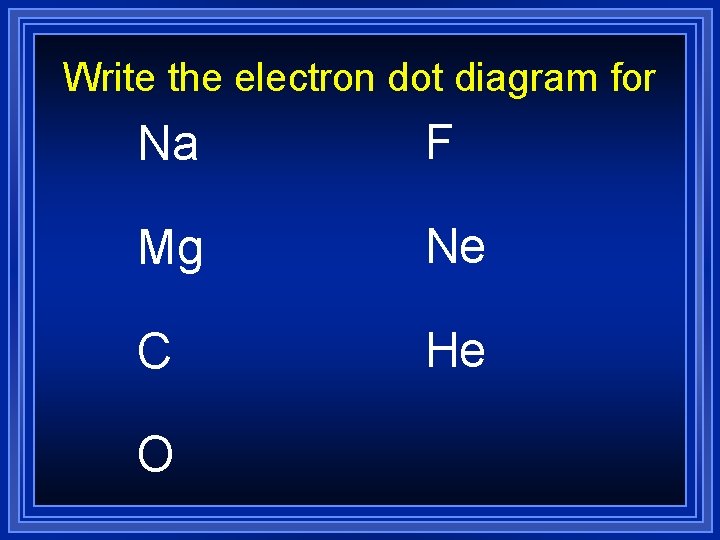 Write the electron dot diagram for Na F Mg Ne C He O 
