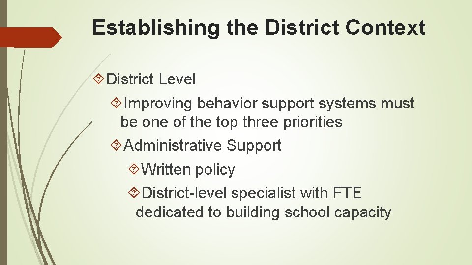 Establishing the District Context District Level Improving behavior support systems must be one of