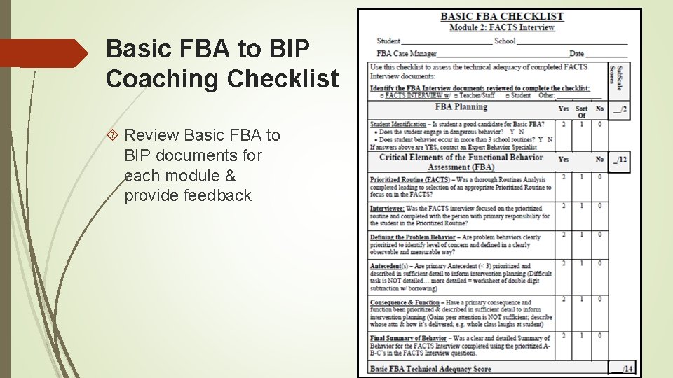 Basic FBA to BIP Coaching Checklist Review Basic FBA to BIP documents for each