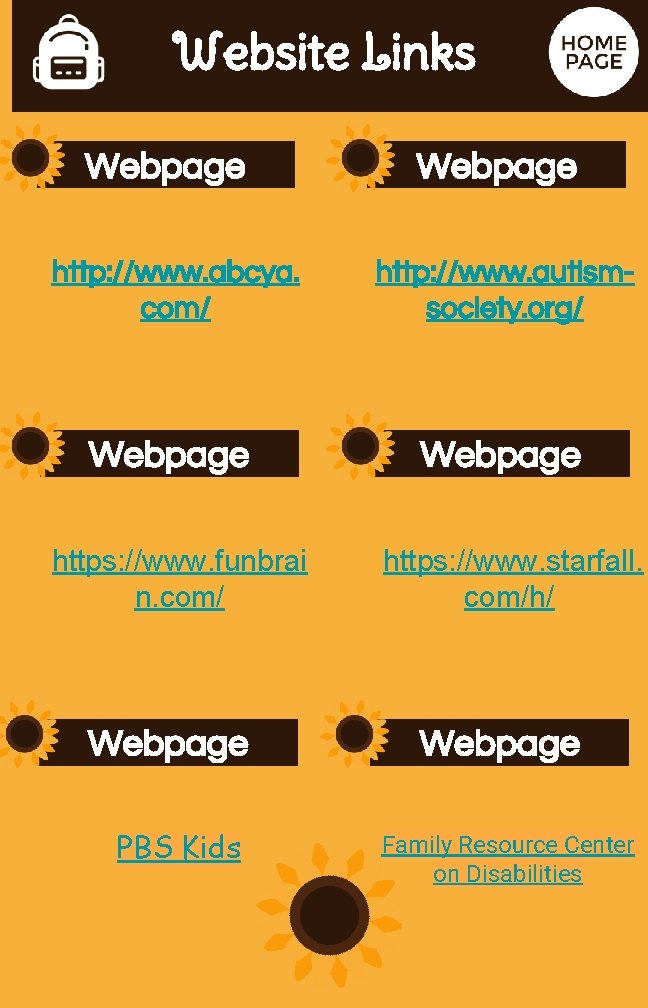 Website Links Webpage http: //www. abcya. com/ http: //www. autismsociety. org/ Webpage https: //www.