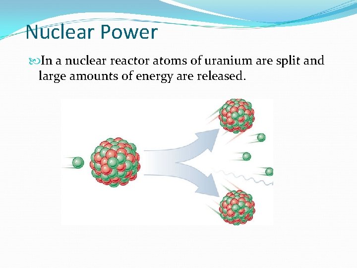 Nuclear Power In a nuclear reactor atoms of uranium are split and large amounts