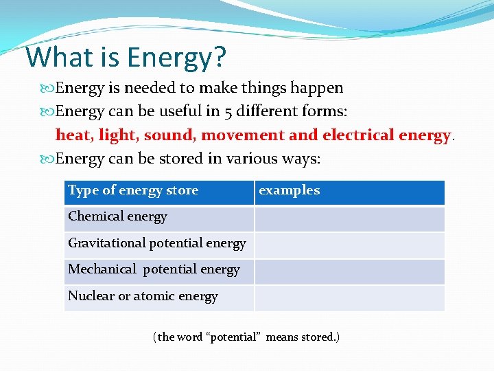 What is Energy? Energy is needed to make things happen Energy can be useful