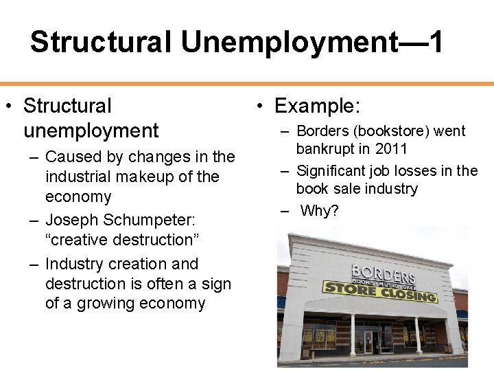 Structural Unemployment— 1 • Structural unemployment – Caused by changes in the industrial makeup