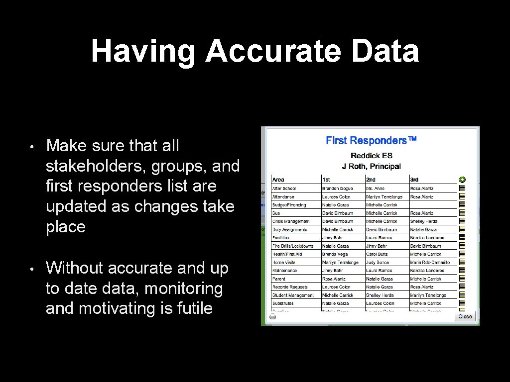 Having Accurate Data • Make sure that all stakeholders, groups, and first responders list