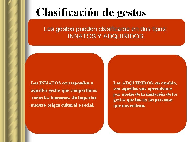 Clasificación de gestos Los gestos pueden clasificarse en dos tipos: INNATOS Y ADQUIRIDOS. Los