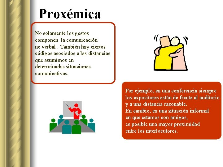 Proxémica No solamente los gestos componen la comunicación no verbal. También hay ciertos códigos